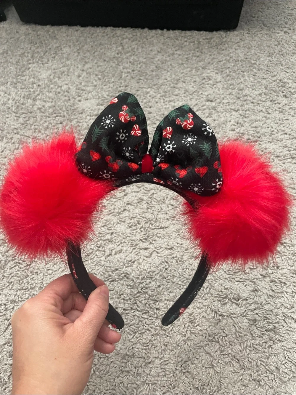 Disney Christmas Red Pom Pom Minnie Ear with Black Holiday Bow